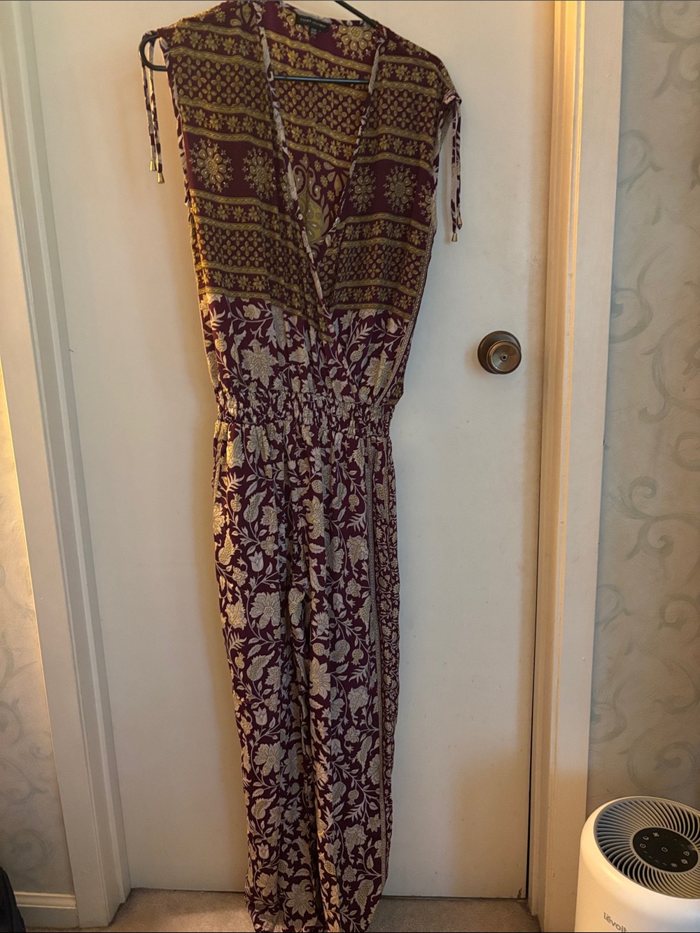 Women’s Burgundy Floral Jumpsuit with V-Neck